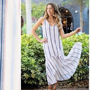 Gibson Summer Nights Maxi Dress Off White Blue Striped Sleeveless XS Sundress